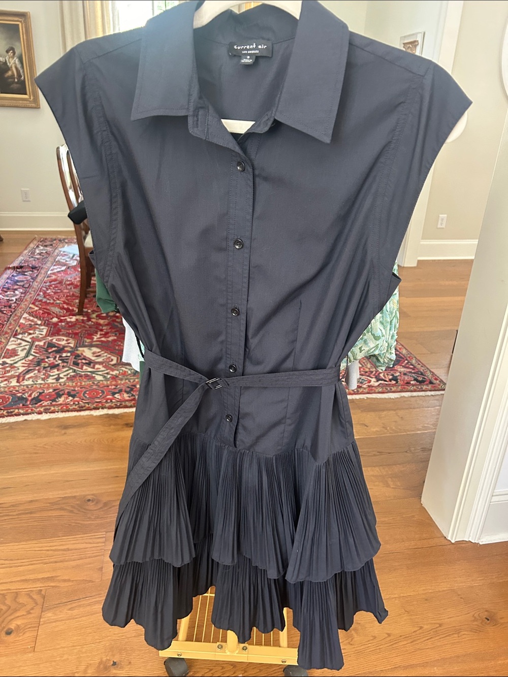 Current Air Navy Pleated Midi Shirt Dress with Belted Waist